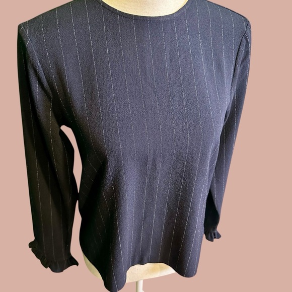 Ganni ‘Clark’ Pinstripe Ruffle Cuff Top in Navy Blue & White Size 34 = US Sz XS - Picture 16 of 16